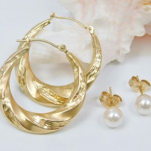 14K Yellow Gold Hoop & Pearl Stud Earrings 2.4g